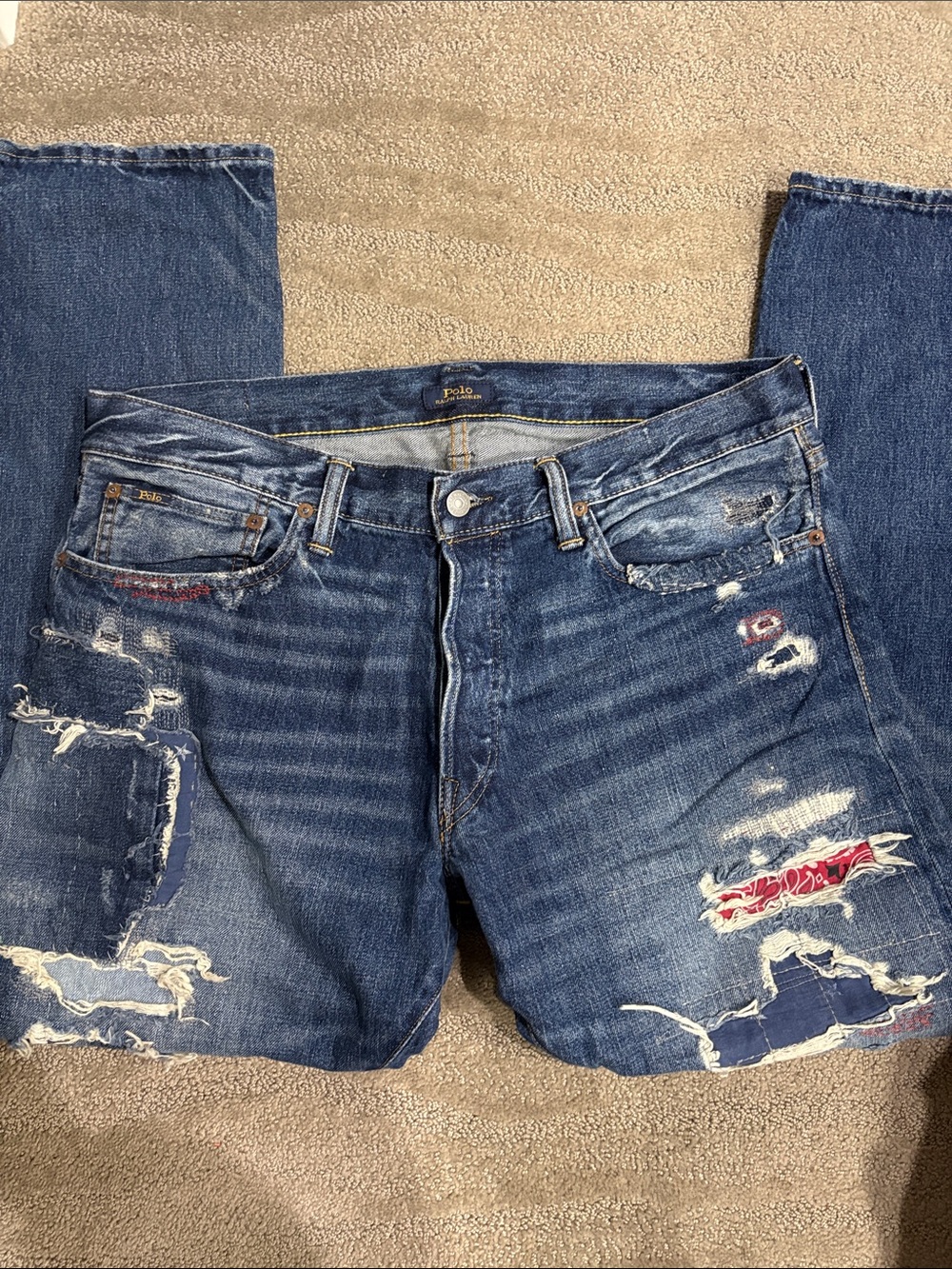Ralph Lauren Men's Distressed Blue Denim Jeans with Red Patch Accents